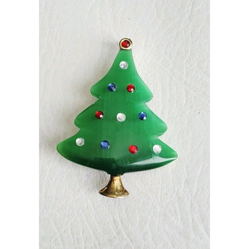 VINTAGE LIZ CLAIBORNE LUCITE CHRISTMAS TREE PIN BROOCH RHINESTONE BOOK PIECE
